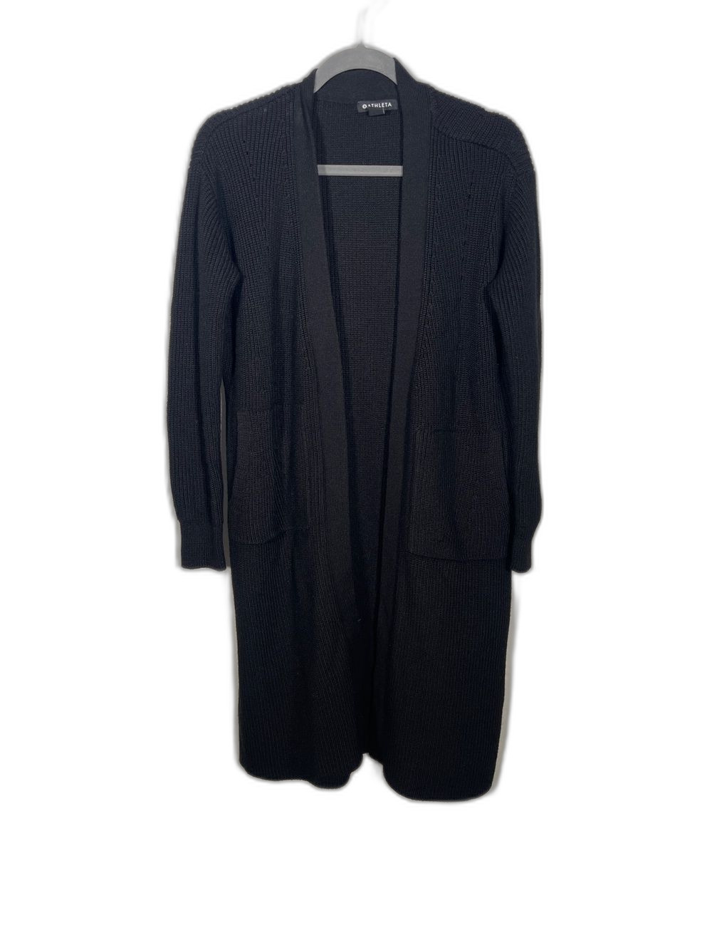 ATHLETA WOMENS LONG BLACK DUSTER CARDIGAN SWEATER WOOL MEDIUM